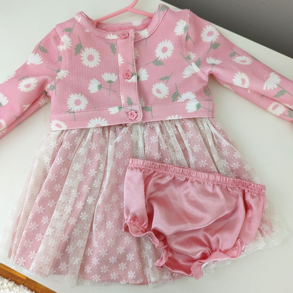 3 Piece Set Pink and White Daisy Dress 6-9 Months